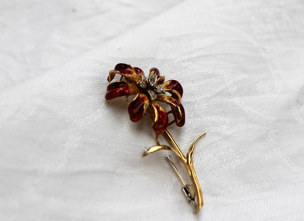 An 18ct yellow gold diamond and enamel decorated brooch, in the form of a flower, - Image 2 of 4