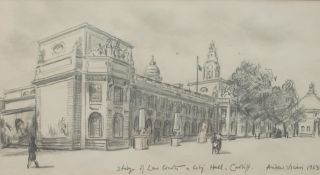 Andrew Vicari Study of the Law Courts City Hall Cardiff Pencil sketch Signed and dated 1963 18.