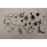 Assorted silver and silver gilt gem set pendants, rings,