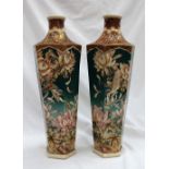 A pair of Japanese satsuma pottery vases of tapering hexagonal form painted with birds amongst