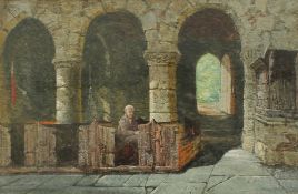 Attributed to Louise Rayner A church interior Watercolour Inscribed to the mount and label