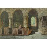 Attributed to Louise Rayner A church interior Watercolour Inscribed to the mount and label