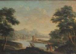 18th Century British School A landscape scene with figures in the foreground Oil on canvas 36 x