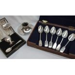 A set of six Victorian silver fiddle pattern dessert spoons, London, 1848,