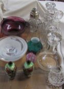 A Royal Brierley purple glass bowl together with glass decanters, glass jug,