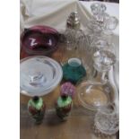 A Royal Brierley purple glass bowl together with glass decanters, glass jug,