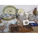 Three Delft plates together with part tea sets, silver spoon and fork set, drinking glasses,