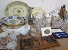 Three Delft plates together with part tea sets, silver spoon and fork set, drinking glasses,