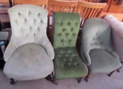 A Victorian nursing chair with a button upholstered back and scrolling feet together with two other