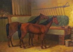 20th century continental School Horses in a stable Oil on board initialled Together with a pencil