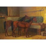 20th century continental School Horses in a stable Oil on board initialled Together with a pencil