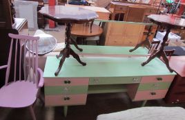 A painted dressing table together with a painted elbow chair and two reproduction wine tables