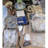 A silver backed part dressing table set, together with a silver purse, silver spoons,