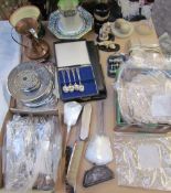 A silver backed part dressing table set, together with a silver purse, silver spoons,
