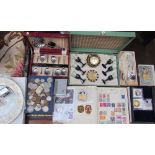 Assorted coins together with a stamp album, Aynsley plate, spoons,