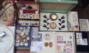 Assorted coins together with a stamp album, Aynsley plate, spoons,