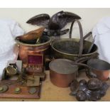 A brass letter scales together with weights, copper and brass cooking pots, carved oak eagle,