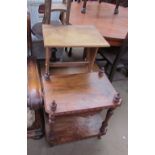 A nest of three oak tables together with an oak occasional table, a walnut whatnot base,