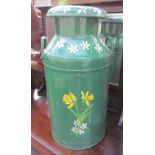 A Grundy Ltd milk churn painted green and decorated with flowers and leaves