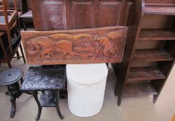 A 20th century oak bookcase together with a loom laundry basket, carved panel,