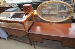 An Edwardian mahogany dressing table together with a teak gate leg dining table, a gilt wall mirror,