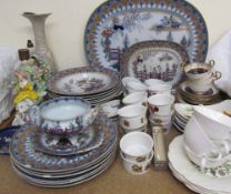 A stoneware Penang pattern part dinner set together with pottery figural lamps, cloisonne dish,