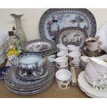 A stoneware Penang pattern part dinner set together with pottery figural lamps, cloisonne dish,