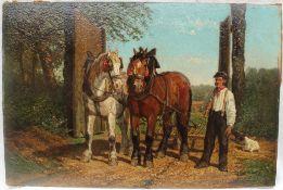 19th century British School Shire horses in harness with a farmer and chickens Oil on board 26.