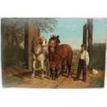 19th century British School Shire horses in harness with a farmer and chickens Oil on board 26.