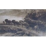 After Herbert Dicksee Shire horses pulling a fallen tree A Frost and Reed etching Signed in pencil