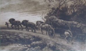 After Herbert Dicksee Shire horses pulling a fallen tree A Frost and Reed etching Signed in pencil