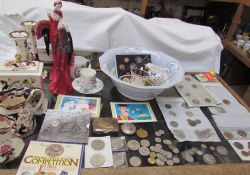 A pair of Masons Mandalay pattern candlesticks together with jugs and a clock together with coins,