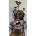 An electroplated candelabra/centrepiece together with a tray, electroplated petal dish, teapot,