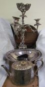 An electroplated candelabra/centrepiece together with a tray, electroplated petal dish, teapot,