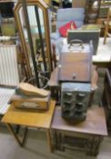 A Cheval mirror together with a hat and coat stand, shoe shine kit, coal purdonium,