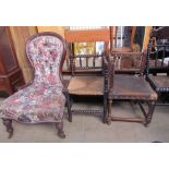 A Victorian spoon back nursing chair together with a bobbin turned corner chair,