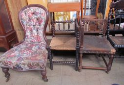 A Victorian spoon back nursing chair together with a bobbin turned corner chair,