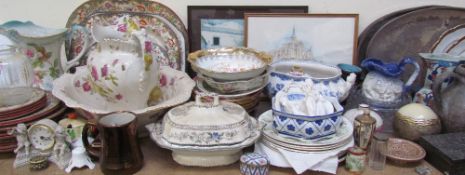 A large lot including a Simlay pattern part dinner set, jug and basin sets, prints,