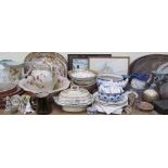 A large lot including a Simlay pattern part dinner set, jug and basin sets, prints,