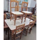 A scrub top pine kitchen table on turned legs,