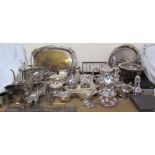 An electroplated entree dish and cover together with part tea sets, flatwares, trays, cased spoons,