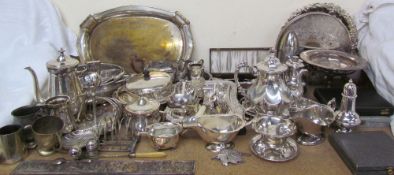 An electroplated entree dish and cover together with part tea sets, flatwares, trays, cased spoons,