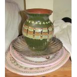 A pottery jug decorated with swirling decoration together with pink and white meat plates etc