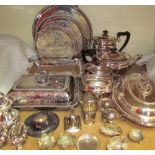 Assorted electroplated wares including a part tea set, entree dishes, salvers,