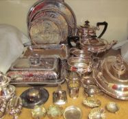 Assorted electroplated wares including a part tea set, entree dishes, salvers,