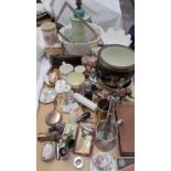 A pottery table lamp together with commemorative mugs, metalwares, books,