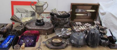 Assorted electroplated wares including a cased flatware service, punch bowls, part tea set,