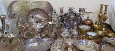 Assorted electroplated wares including part tea sets, claret jug, epergne, trays, sauce boats etc,