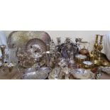 Assorted electroplated wares including part tea sets, claret jug, epergne, trays, sauce boats etc,