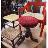 An ebonised bobbin turned corner chair with a pad upholstered seat together with a red painted